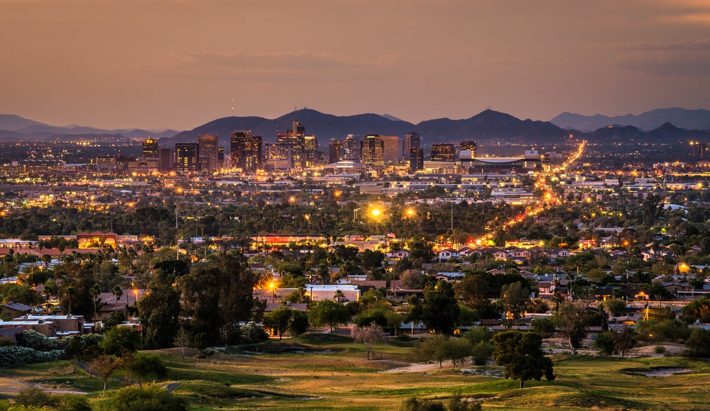 Aerial view of Phoenix skyline during a sunset